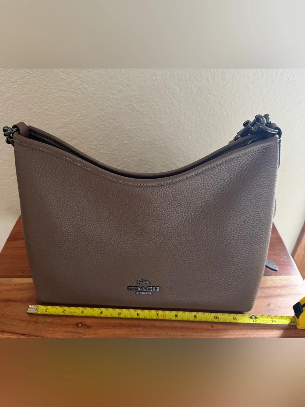 Coach Pebbled Leather Shoulder Bag in Dark Stone with gunmetal hardware